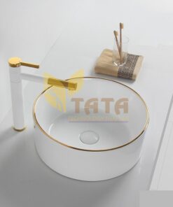 Chậu Lavabo Tròn Trắng Viền Vàng TATA LB-6864