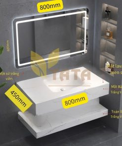 Combo Bàn Đá Trắng Chống Trầy 2 Tầng Mặt Lavabo Full Sứ Tràn Viền BĐ6907 (80x45cm)