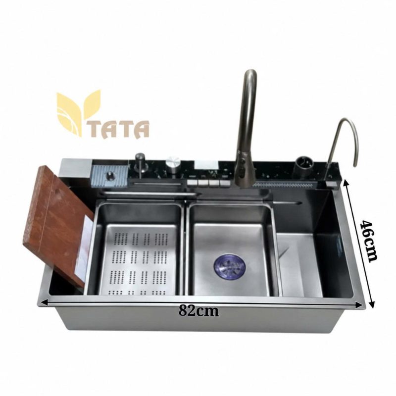 COMBO CHẬU RỬA CHÉN 5 PHÍM NANO ĐEN 1 HỘC INOX 304 (82*46cm) CAO CẤP TATA CRC6944