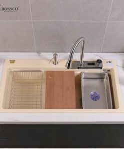 Bộ chậu rửa chén đá 1 hộc, 2 phím đa năng – BC-A10052KKS (Kem kim sa)