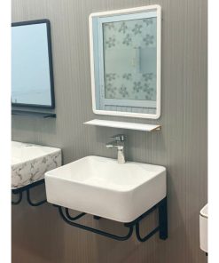 COMBO CHẬU LAVABO TREO TƯỜNG TRẮNG + GƯƠNG KỆ GƯƠNG CAO CẤP TATA CLVB6950