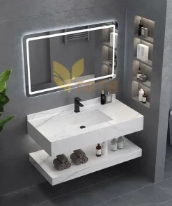 Bộ Bàn Đá Lavabo Âm Bàn Đôi + Gương Led Màu Trắng BĐ6915