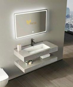 Bộ Bàn Đá Đôi Xám Lavabo Tràn viền + Gương Led BD6913