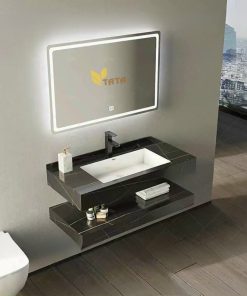 Bộ Bàn Đá Đôi Đen Lavabo Tràn viền + Gương Led BD6914