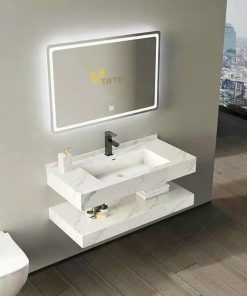 Bộ Bàn Đá Đôi Trắng Lavabo Tràn viền + Gương Led BD6912